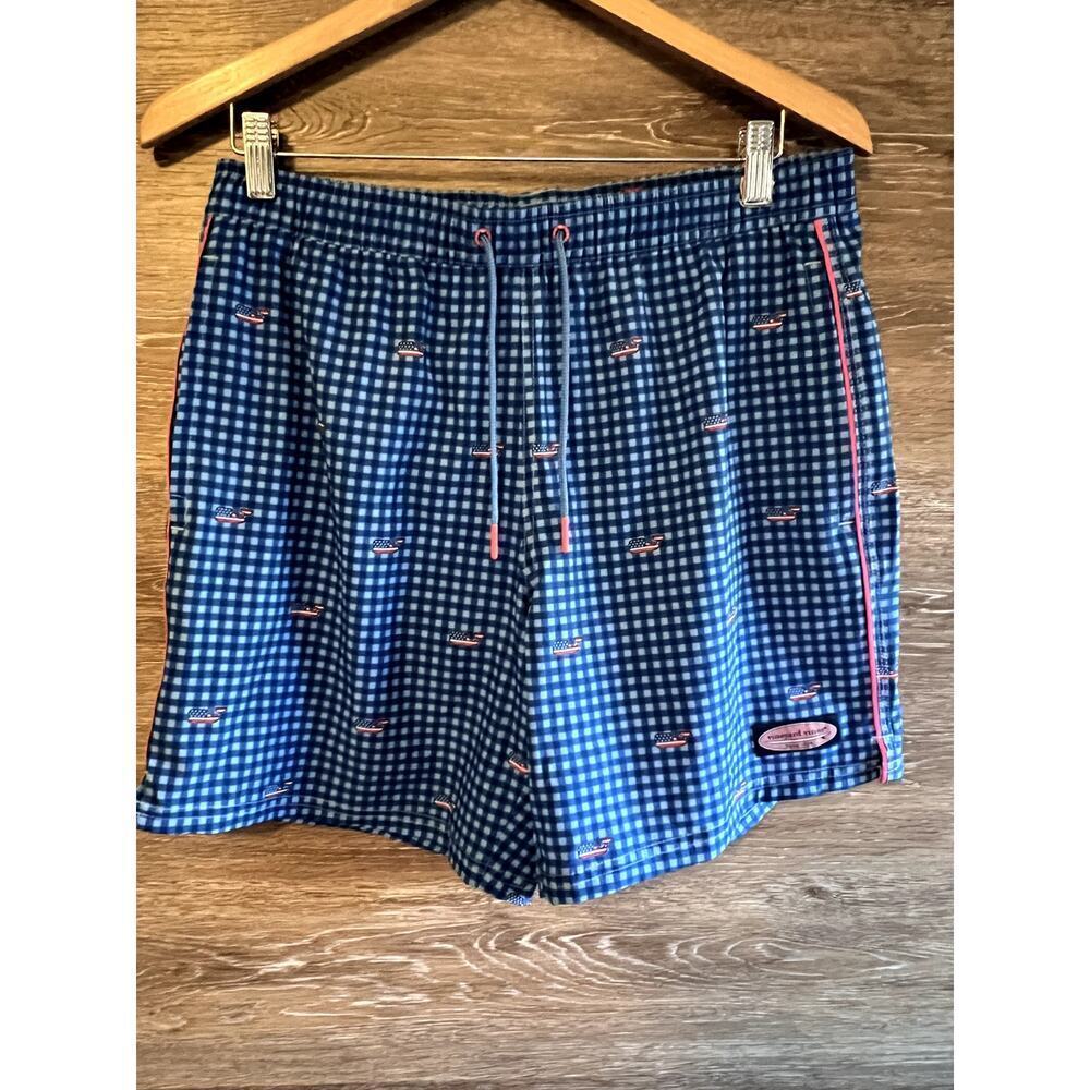 Vineyard Vines Men Swim shorts Medium Blue pocket American flag Whale Patriot
